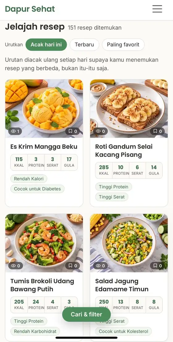 Tampilan website Dapur Sehat berisi 151 resep sehat